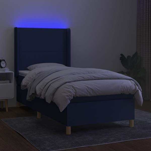 LED-valgustusega kontinentaalvoodi koos madratsiga, sinine, 90 × 200 cm, kangas — mudel 3138691