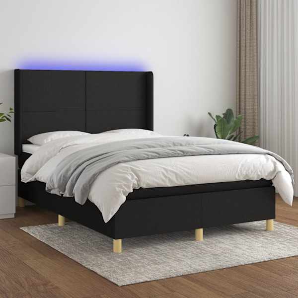 LED-valgustusega kontinentaalvoodi koos madratsiga, must, 140 × 190 cm, kangas — mudel 3138711