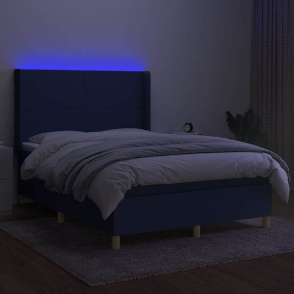 LED-valgustusega kontinentaalvoodi koos madratsiga, sinine, 140 × 190 cm, kangas — mudel 3138715