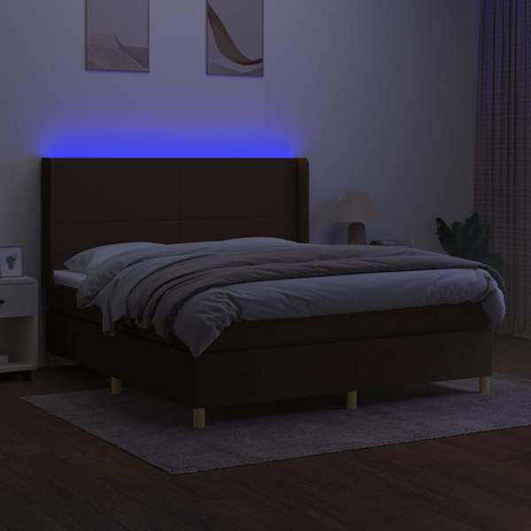 LED-valgustusega kontinentaalvoodi koos madratsiga, tumepruun, 160 × 200 cm, kangas — mudel 3138728