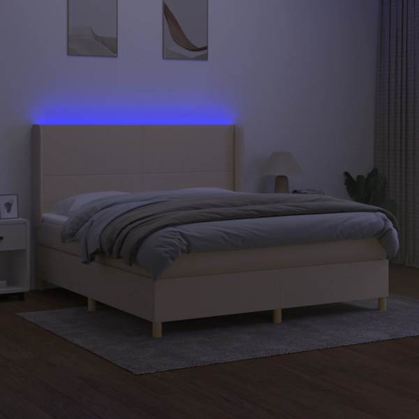 LED-valgustusega kontinentaalvoodi koos madratsiga, kreemjasvalge, 160 × 200 cm, kangas — mudel 3138730