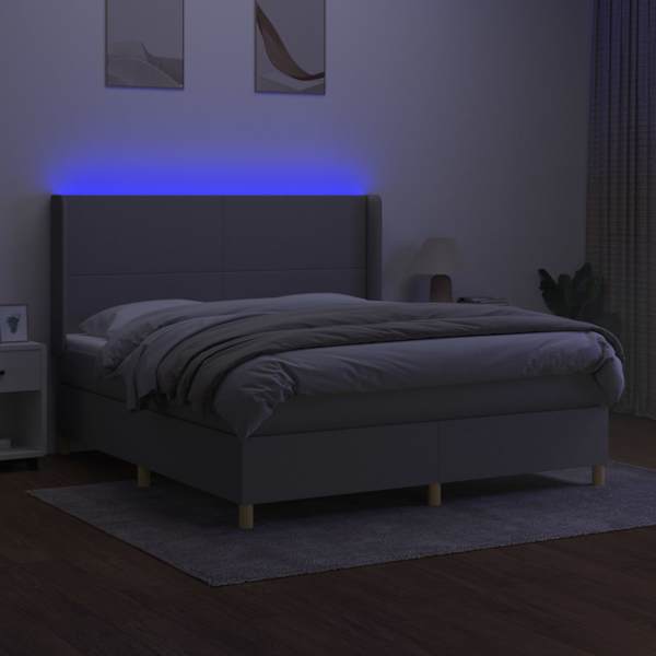 LED-valgustusega kontinentaalvoodi koos madratsiga, helehall, 180 × 200 cm, kangas — mudel 3138733