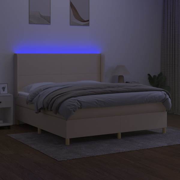 LED-valgustusega kontinentaalvoodi koos madratsiga, kreemjasvalge, 180 × 200 cm, kangas — mudel 3138738