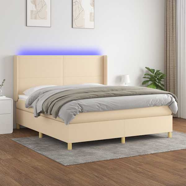 LED-valgustusega kontinentaalvoodi koos madratsiga, kreemjasvalge, 180 × 200 cm, kangas — mudel 3138738