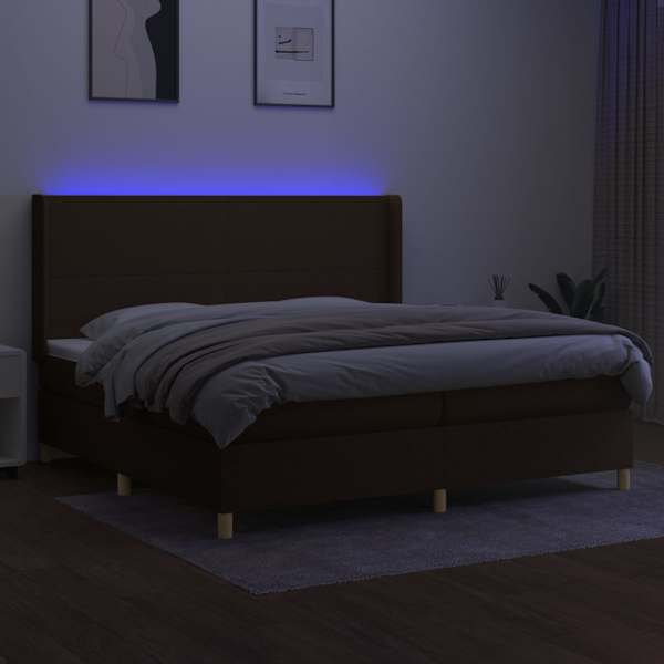 LED-valgustusega kontinentaalvoodi koos 2 madratsiga, tumepruun, 200 × 200 cm, kangas — mudel 3138744