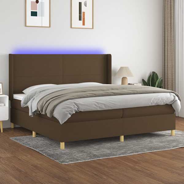 LED-valgustusega kontinentaalvoodi koos 2 madratsiga, tumepruun, 200 × 200 cm, kangas — mudel 3138744
