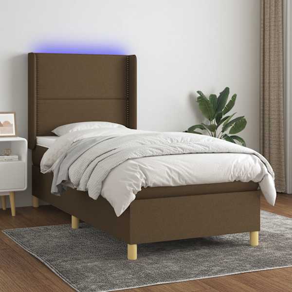 LED-valgustusega kontinentaalvoodi koos madratsiga, tumepruun, 90 × 190 cm, kangas — mudel 3138760