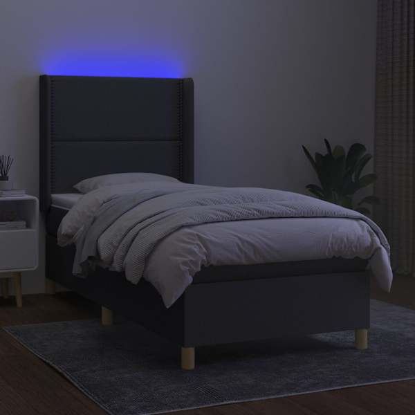 LED-valgustusega kontinentaalvoodi koos madratsiga, tumehall, 90 × 200 cm, kangas — mudel 3138766