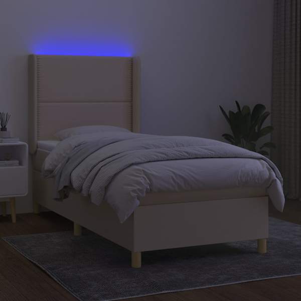 LED-valgustusega kontinentaalvoodi koos madratsiga, kreemjasvalge, 90 × 200 cm, kangas — mudel 3138770