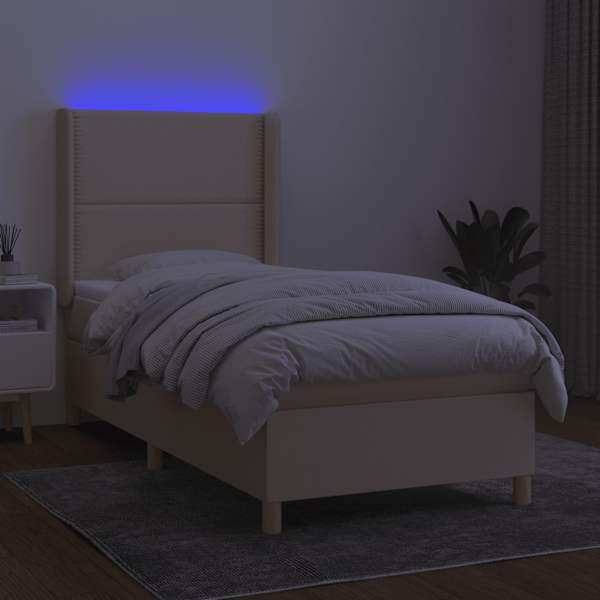 LED-valgustusega kontinentaalvoodi koos madratsiga, kreemjasvalge, 100 × 200 cm, kangas — mudel 3138778