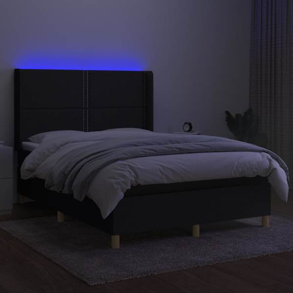 LED-valgustusega kontinentaalvoodi koos madratsiga, must, 140 × 190 cm, kangas — mudel 3138791