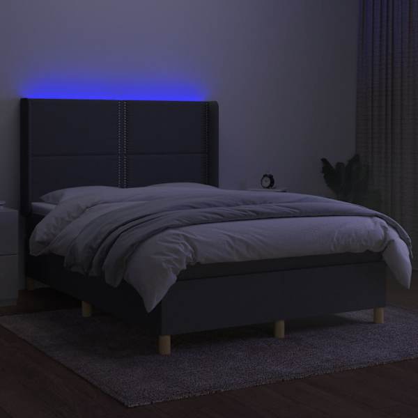 LED-valgustusega kontinentaalvoodi koos madratsiga, tumehall, 140 × 200 cm, kangas — mudel 3138798