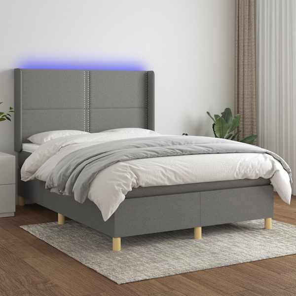 LED-valgustusega kontinentaalvoodi koos madratsiga, tumehall, 140 × 200 cm, kangas — mudel 3138798