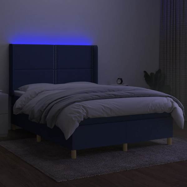 LED-valgustusega kontinentaalvoodi koos madratsiga, sinine, 140 × 200 cm, kangas — mudel 3138803