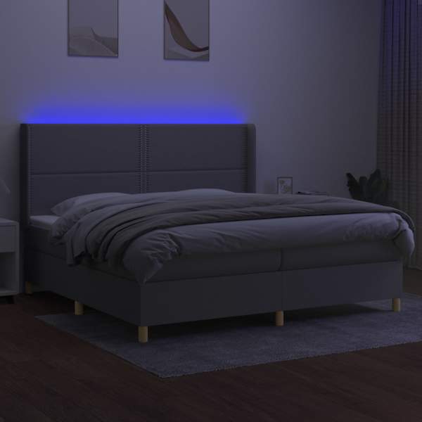 LED-valgustusega kontinentaalvoodi koos 2 madratsiga, helehall, 200 × 200 cm, kangas — mudel 3138821