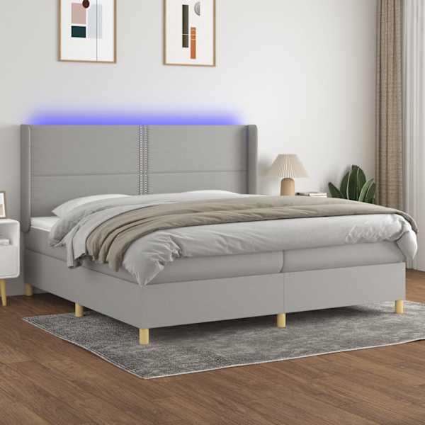 LED-valgustusega kontinentaalvoodi koos 2 madratsiga, helehall, 200 × 200 cm, kangas — mudel 3138821