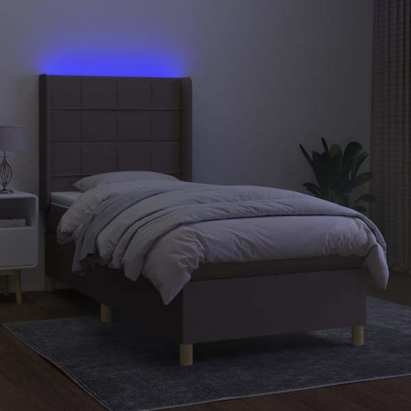 LED-valgustusega kontinentaalvoodi koos madratsiga, pruunikashall, 90 × 190 cm, kangas — mudel 3138841