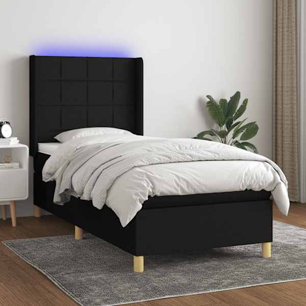 LED-valgustusega kontinentaalvoodi koos madratsiga, must, 90 × 200 cm, kangas — mudel 3138847