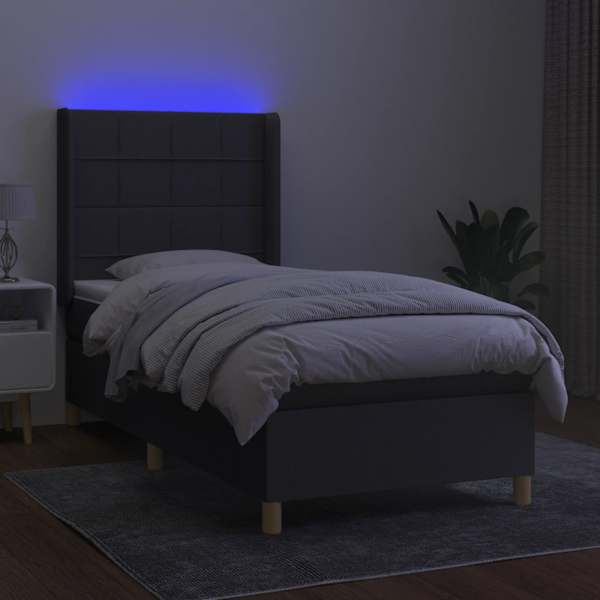 LED-valgustusega kontinentaalvoodi koos madratsiga, tumehall, 100 × 200 cm, kangas — mudel 3138854