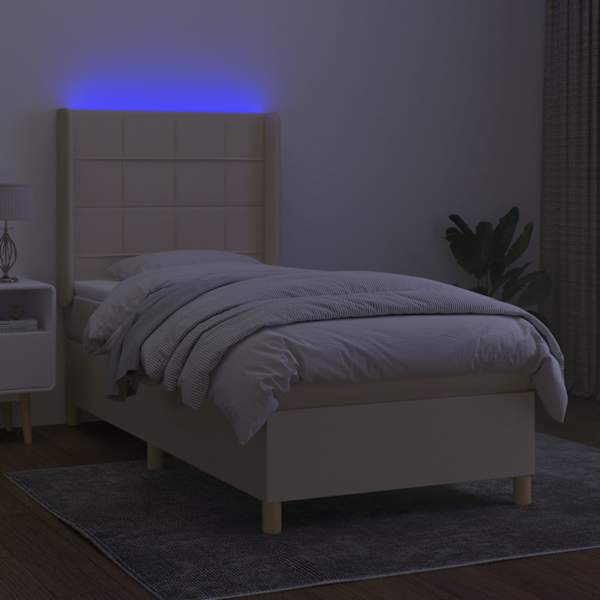 LED-valgustusega kontinentaalvoodi koos madratsiga, kreemjasvalge, 100 × 200 cm, kangas — mudel 3138858