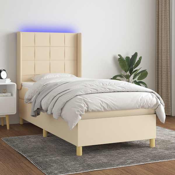 LED-valgustusega kontinentaalvoodi koos madratsiga, kreemjasvalge, 100 × 200 cm, kangas — mudel 3138858