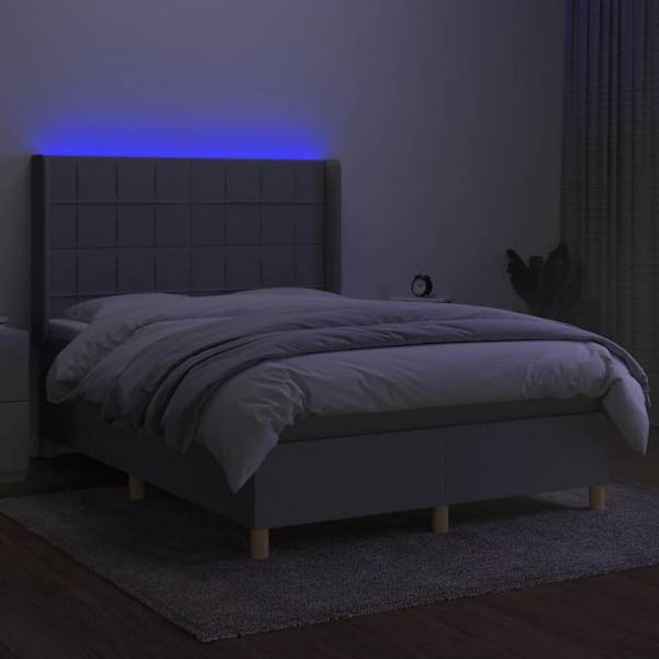 LED-valgustusega kontinentaalvoodi koos madratsiga, helehall, 140 × 190 cm, kangas — mudel 3138869