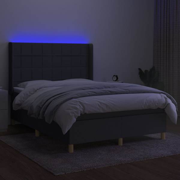 LED-valgustusega kontinentaalvoodi koos madratsiga, tumehall, 140 × 200 cm, kangas — mudel 3138878