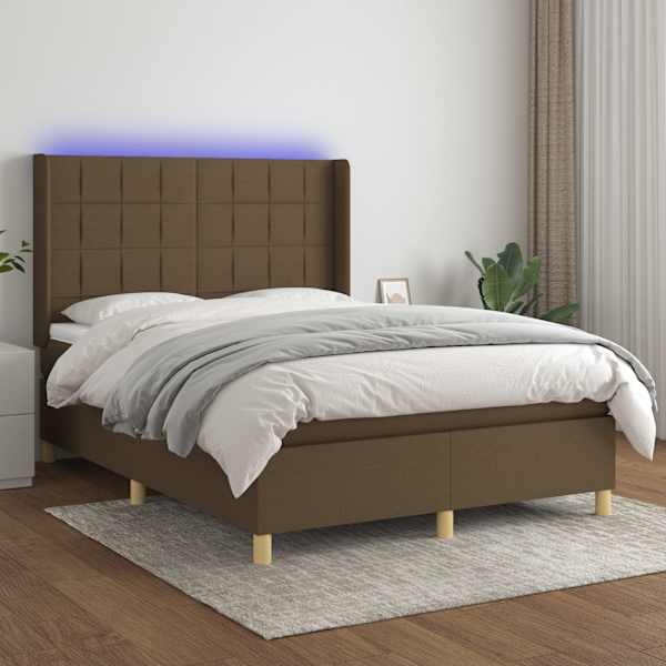 LED-valgustusega kontinentaalvoodi koos madratsiga, tumepruun, 140 × 200 cm, kangas — mudel 3138880
