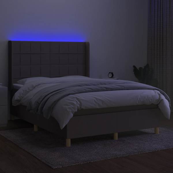 LED-valgustusega kontinentaalvoodi koos madratsiga, pruunikashall, 140 × 200 cm, kangas — mudel 3138881