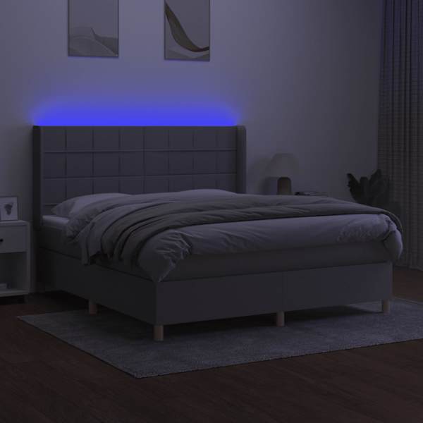 LED-valgustusega kontinentaalvoodi koos madratsiga, helehall, 160 × 200 cm, kangas — mudel 3138885
