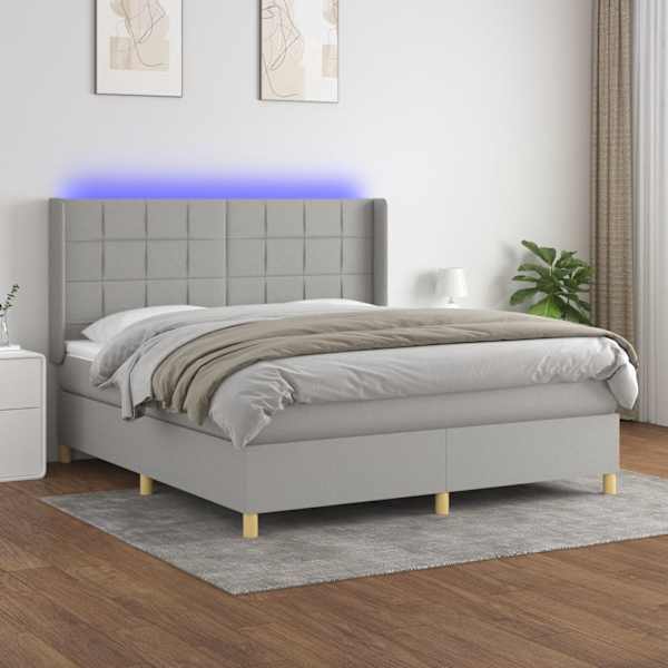 LED-valgustusega kontinentaalvoodi koos madratsiga, helehall, 160 × 200 cm, kangas — mudel 3138885