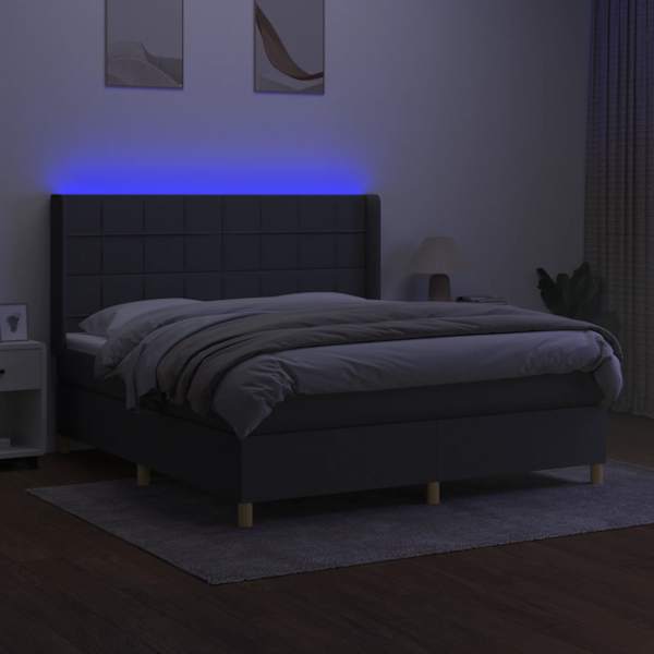 LED-valgustusega kontinentaalvoodi koos madratsiga, tumehall, 160 × 200 cm, kangas — mudel 3138886