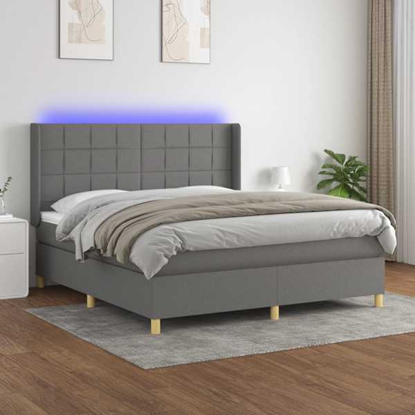 LED-valgustusega kontinentaalvoodi koos madratsiga, tumehall, 160 × 200 cm, kangas — mudel 3138886