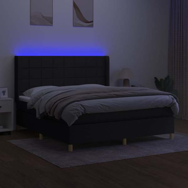 LED-valgustusega kontinentaalvoodi koos madratsiga, must, 160 × 200 cm, kangas — mudel 3138887
