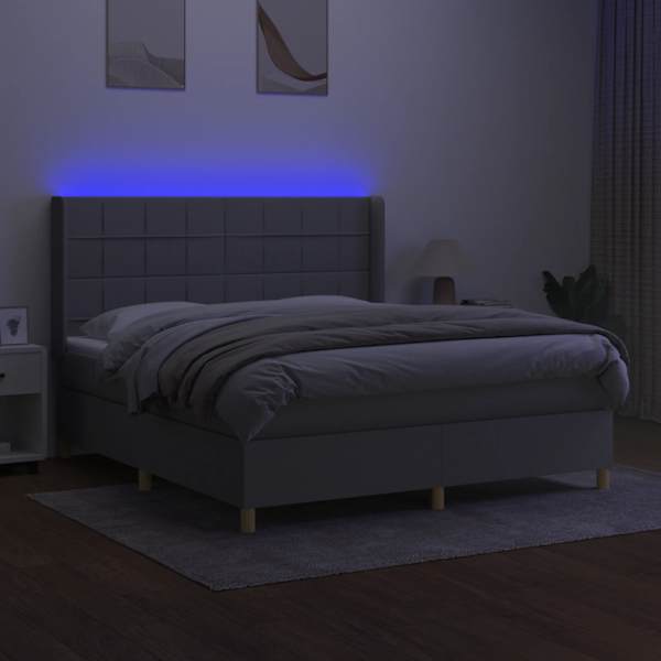 LED-valgustusega kontinentaalvoodi koos madratsiga, helehall, 180 × 200 cm, kangas — mudel 3138893