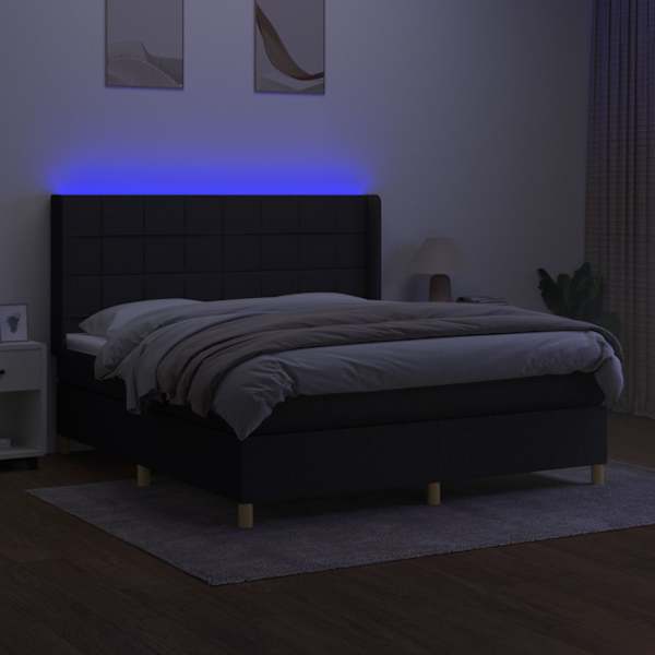 LED-valgustusega kontinentaalvoodi koos madratsiga, must, 180 × 200 cm, kangas — mudel 3138895