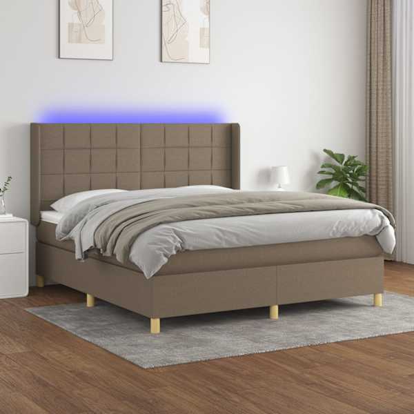 LED-valgustusega kontinentaalvoodi koos madratsiga, pruunikashall, 180 × 200 cm, kangas — mudel 3138897