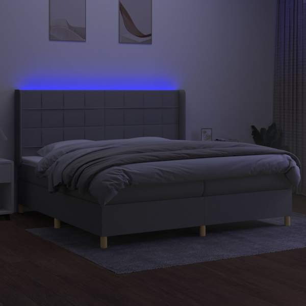 LED-valgustusega kontinentaalvoodi koos 2 madratsiga, helehall, 200 × 200 cm, kangas — mudel 3138901
