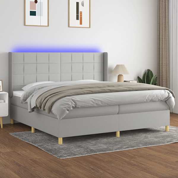 LED-valgustusega kontinentaalvoodi koos 2 madratsiga, helehall, 200 × 200 cm, kangas — mudel 3138901