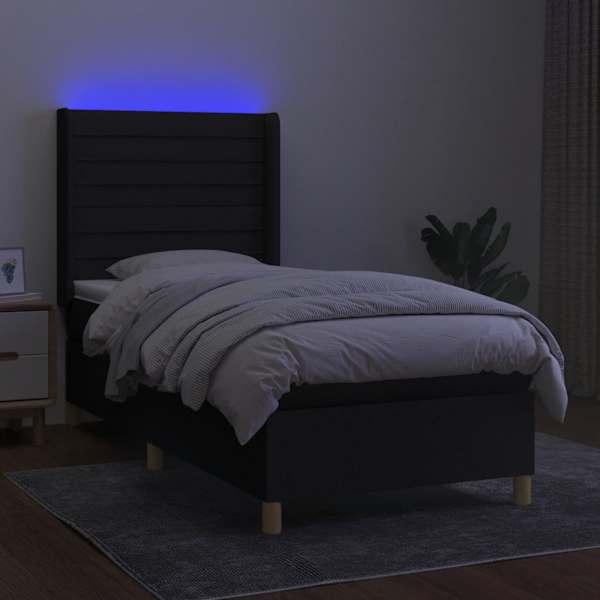 LED-valgustusega kontinentaalvoodi koos madratsiga, must, 90 × 200 cm, kangas — mudel 3138927