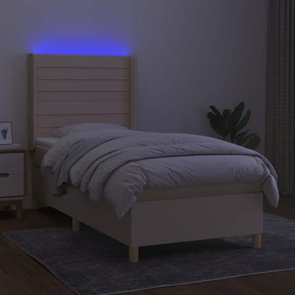 LED-valgustusega kontinentaalvoodi koos madratsiga, kreemjasvalge, 90 × 200 cm, kangas — mudel 3138930
