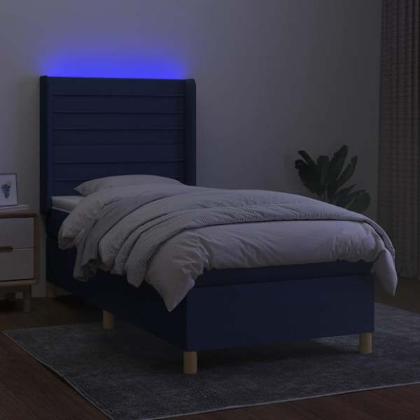 LED-valgustusega kontinentaalvoodi koos madratsiga, sinine, 90 × 200 cm, kangas — mudel 3138931
