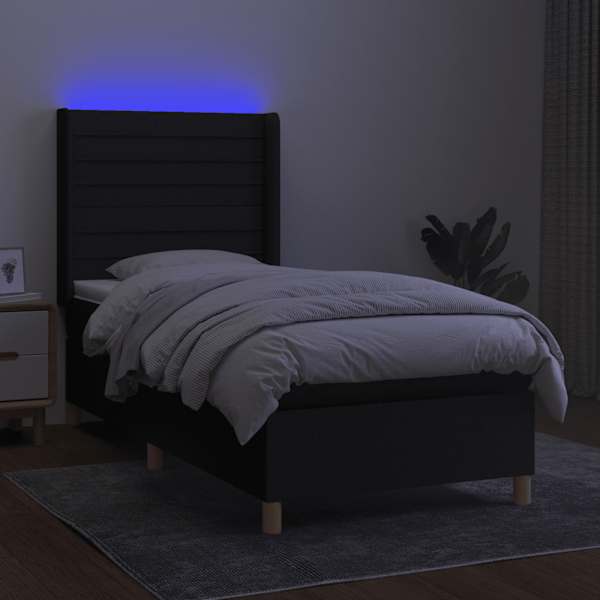 LED-valgustusega kontinentaalvoodi koos madratsiga, must, 100 × 200 cm, kangas — mudel 3138935
