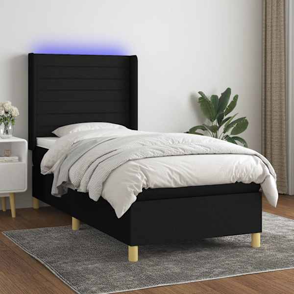 LED-valgustusega kontinentaalvoodi koos madratsiga, must, 100 × 200 cm, kangas — mudel 3138935