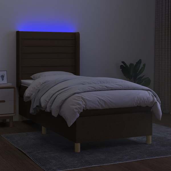 LED-valgustusega kontinentaalvoodi koos madratsiga, tumepruun, 100 × 200 cm, kangas — mudel 3138936