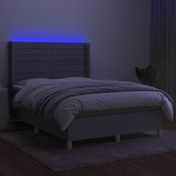 LED-valgustusega kontinentaalvoodi koos madratsiga, helehall, 140 × 190 cm, kangas — mudel 3138949