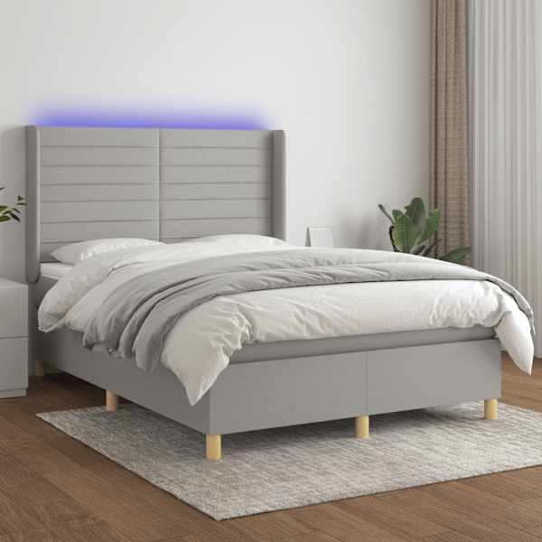 LED-valgustusega kontinentaalvoodi koos madratsiga, helehall, 140 × 190 cm, kangas — mudel 3138949