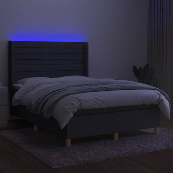 LED-valgustusega kontinentaalvoodi koos madratsiga, tumehall, 140 × 190 cm, kangas — mudel 3138950