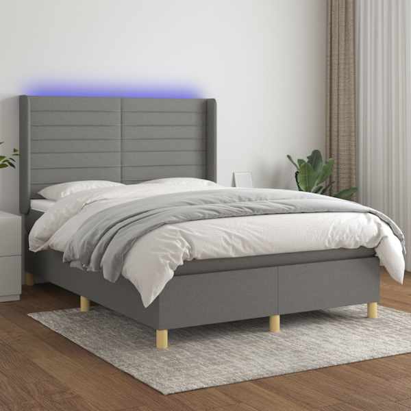LED-valgustusega kontinentaalvoodi koos madratsiga, tumehall, 140 × 190 cm, kangas — mudel 3138950