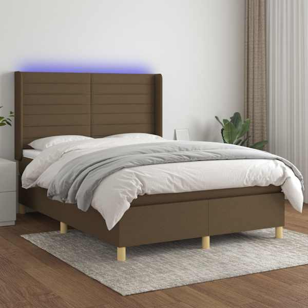 LED-valgustusega kontinentaalvoodi koos madratsiga, tumepruun, 140 × 190 cm, kangas — mudel 3138952